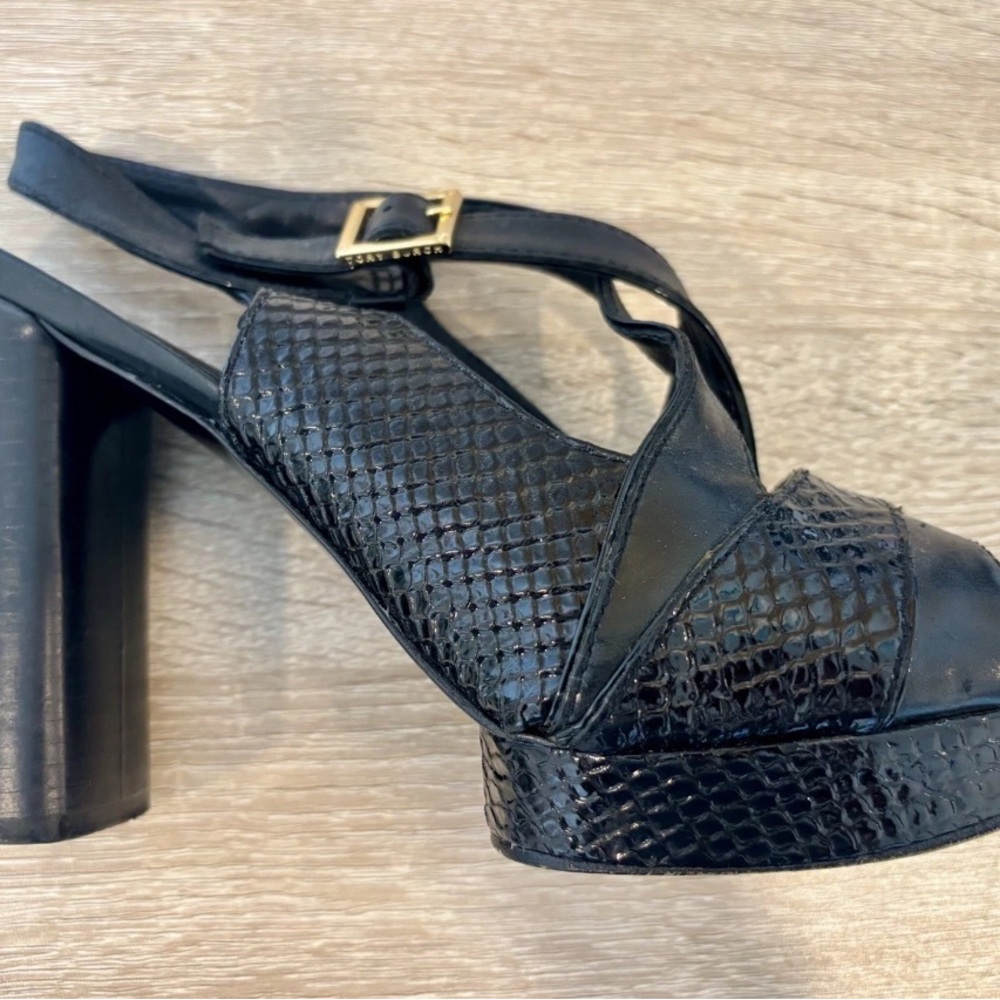 Tory Burch Sandals 9N Dierdre Black Snakeskin Leather Platform Heel Slingback